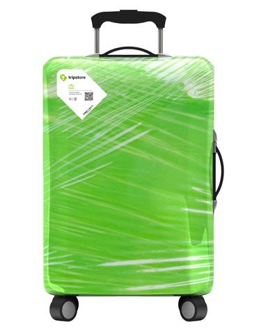 Valija envuelta en film verde con etiqueta QR de Tripstore